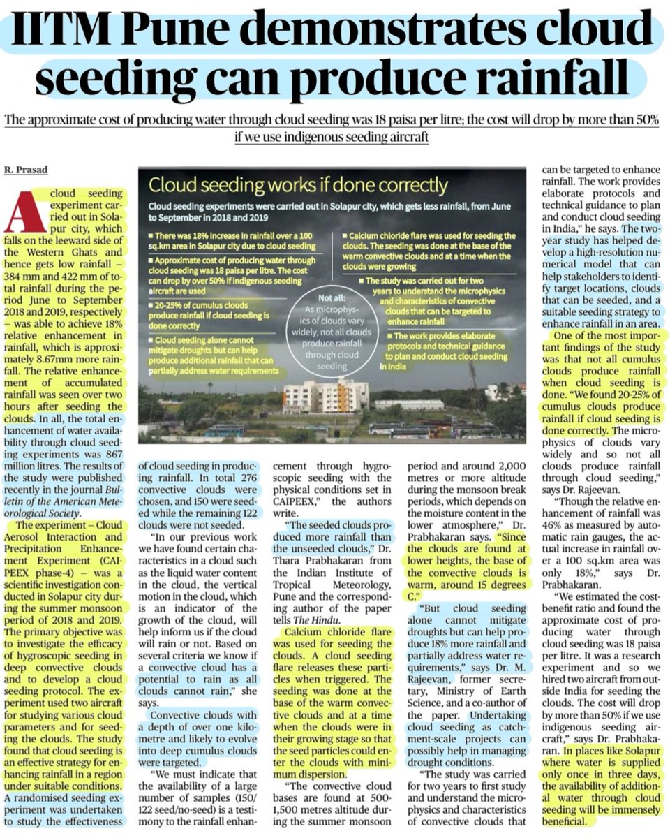 imRavikantYadav's tweet photo. #CloudSeeding
*IITM Pune demonstrates Clod Seeding can produce Rainfall
: Details
#CAIPEEX #Solapur #HygroscopicSeeding #ConvectiveClouds #CalciumChloride
#Drought #Rainfall #water
#UPSC
Source: TH https://t.co/LRHxQpqpu2