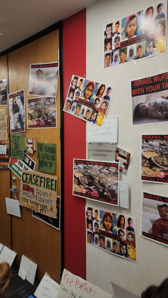 Badawyyia's tweet photo. @RepKatiePorter 120 constituents showed up at your office for the 2nd time on Friday as you closed your office in our face and  were hiding behind your fake solidarity tweets. We left you some souvenirs... Only monsters kill children to defend themselves. https://t.co/S7YCWgWAEd