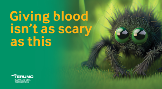 terumobct's tweet photo. Our adorable, eight-legged creepy crawly isn’t exactly frightening. What IS scary? A single car accident patient can need up to 100 units of blood. Consider making a #BloodDonation to help meet patient demand. Happy #Halloween. https://t.co/sdMb9pVkwG