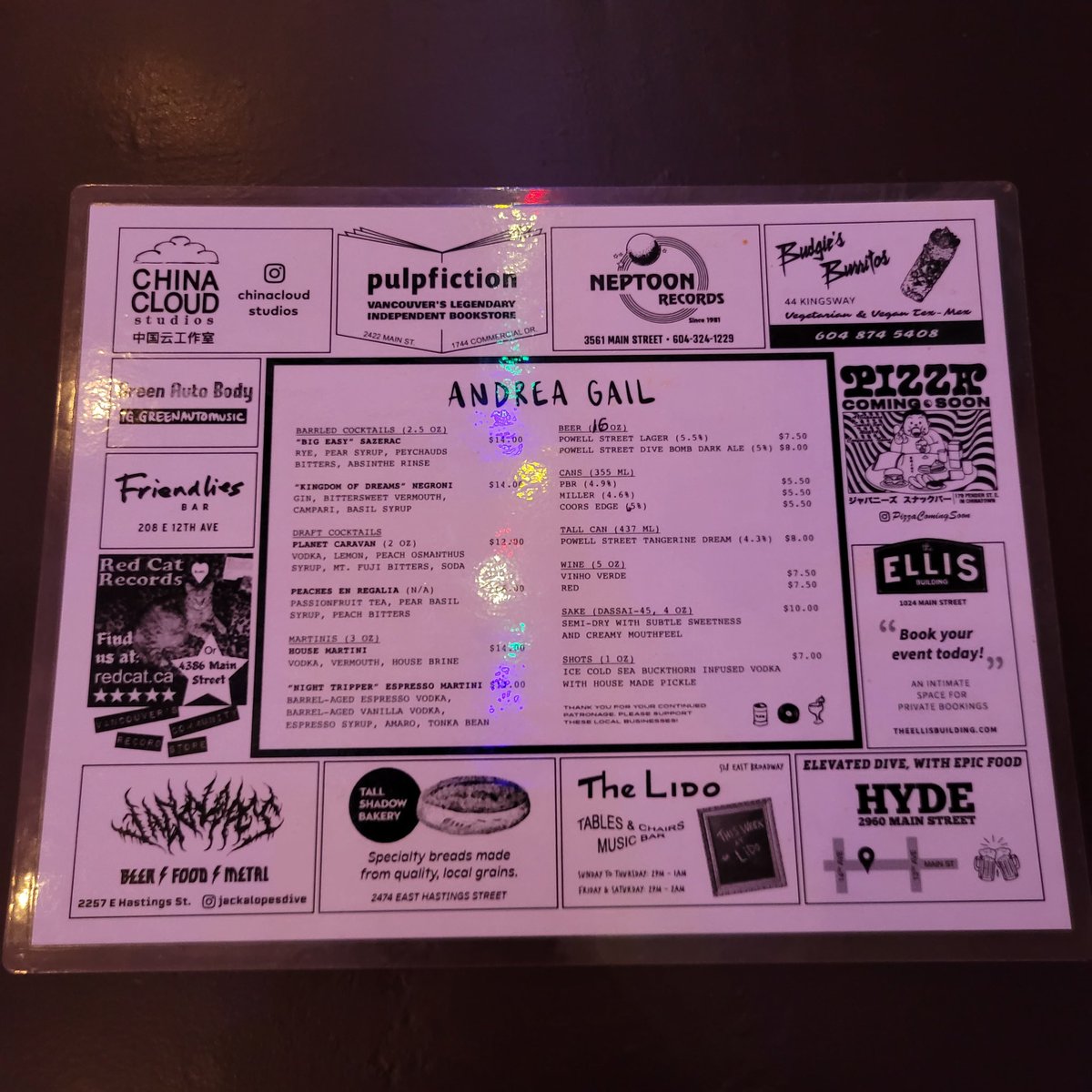 Andrea Gail, Powell Street. Repeatedly revised paper menu & some old Wild Thing favorites. Plus nice plug on the laminated placemat!