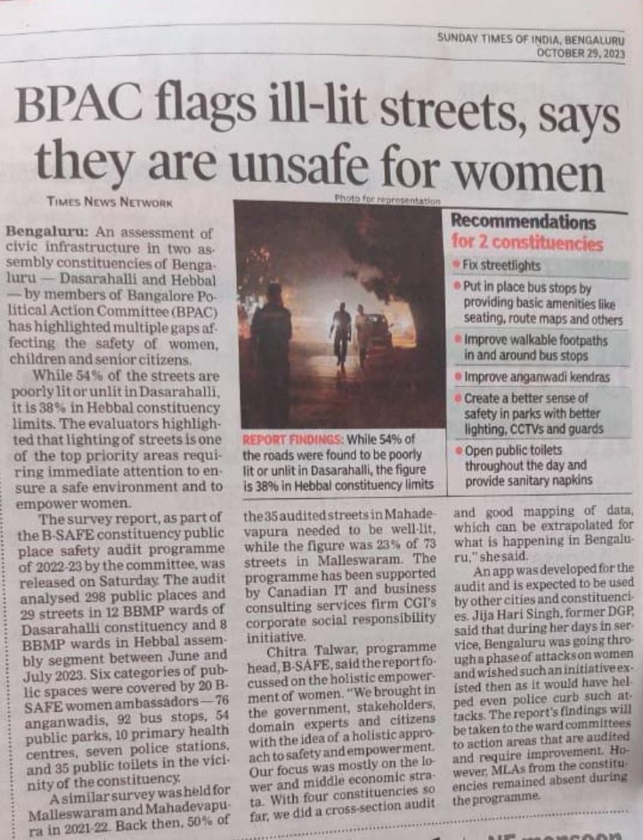 harishbijoor's tweet image. iXPRESS:Read this #BPAC report! We need to sit up &amp;amp; smell the danger! Dark deeds are done in the dark! We need a better-lit city for sure! I am told the distant stretches of #Bengaluru are getting progressively unsafe both for men &amp;amp; women! We need to act! @BPACofficial  #BSAFE