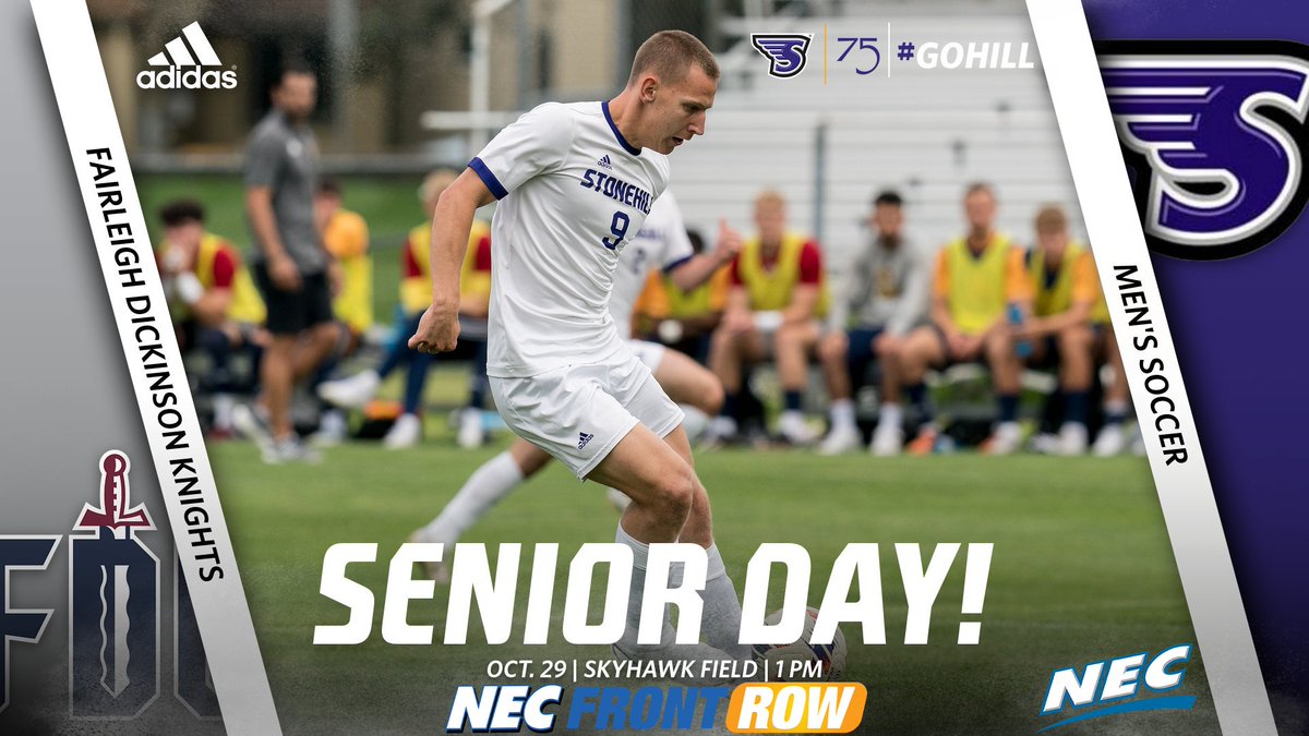 It's SENIOR DAY‼️ @stonehillsoccer is set to honor its eight seniors prior to today's @NECsports matchup against Fairleigh Dickinson at 1 P.M! ⚽️ 📍: Skyhawk Field 📺: shorturl.at/vEF16 📈: shorturl.at/enoEU #GoHill | #NECMSOC