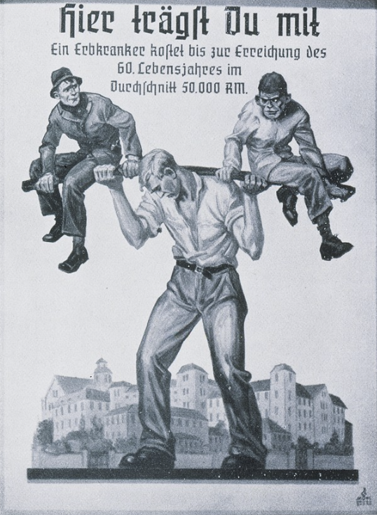 Andre__Damon's tweet photo. The @nytimes has published a cartoon bearing inexplicable resemblance to Nazi propaganda.

The Nazis promoted their eugenics campaign by asserting that healthy people carry the weight of the disabled.

Now, the Times uses the same imagery to call for slashing Social Security. https://t.co/aozB3WP5rf