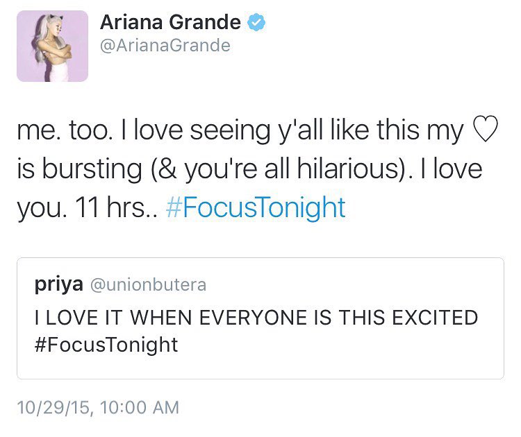 throwbacksofag's tweet image. ariana grande via instagram post 8 years ago today with &quot;11 hours. my heart!!!!!!!!!!!!!! I&apos;ve been pacing for 24 hours. #FocusTonight&quot;(29th october 2015)