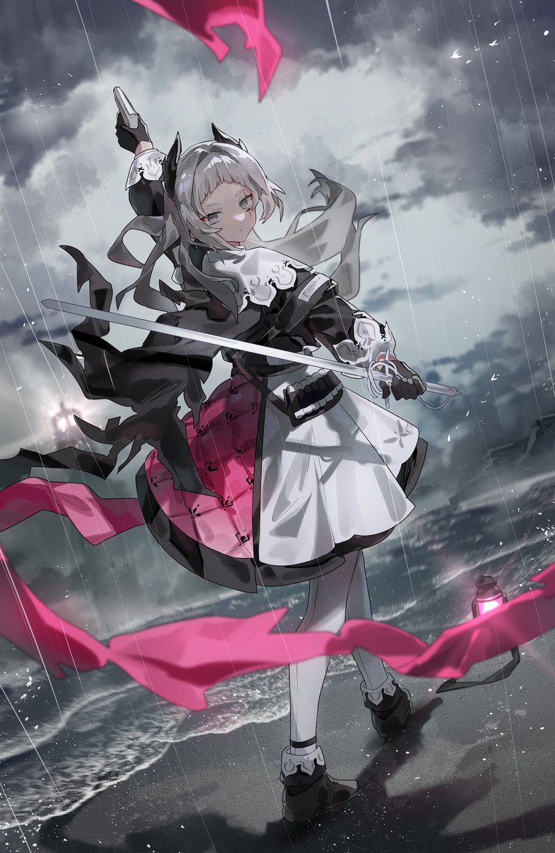 irene (arknights) 1girl weapon solo holding sword rain cloudy sky  illustration images