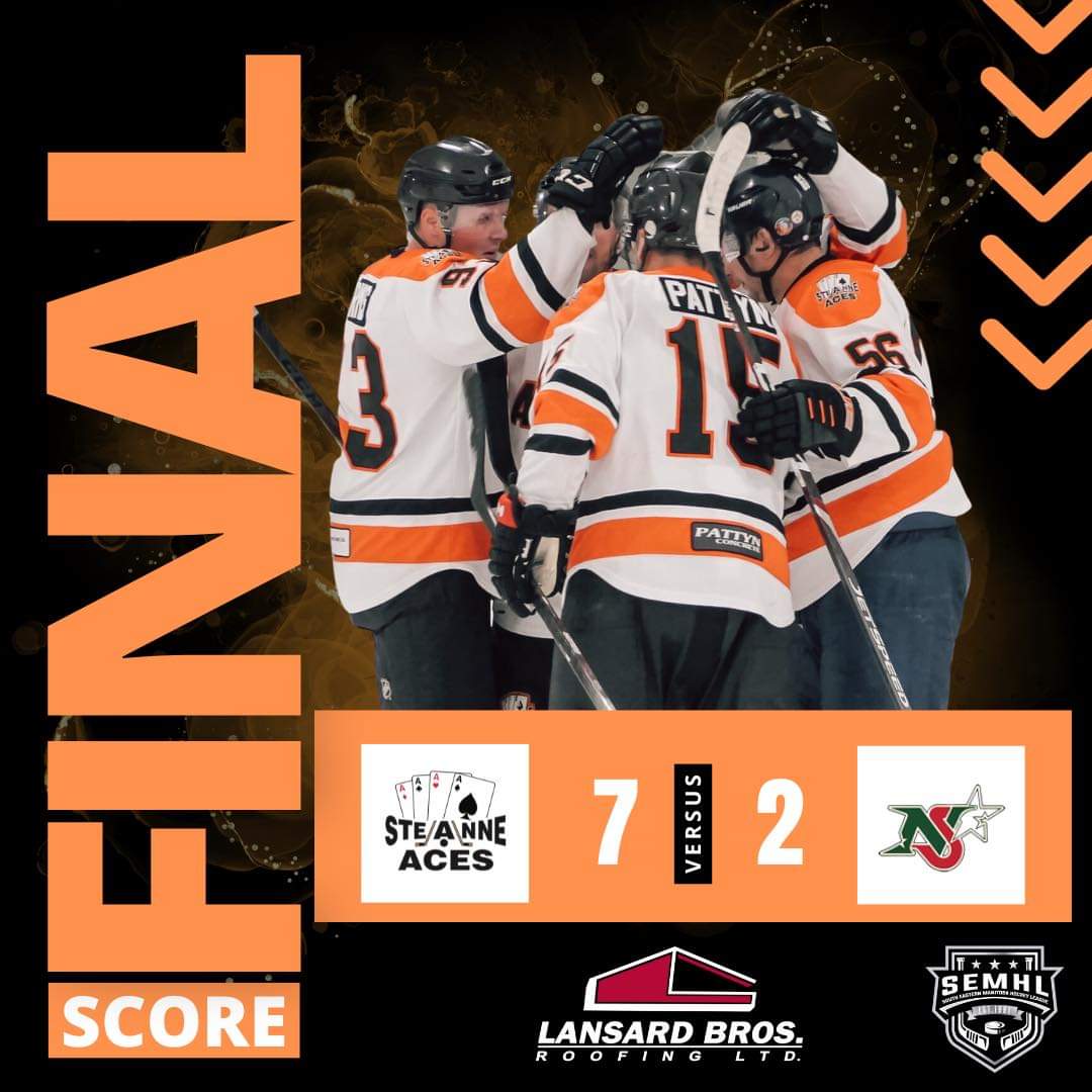 The final score of tonight’s season opener against Ile-des-Chenes.

7-2 for Aces 🏒

Next game November 4th at 8:00pm in Ste.Anne.
