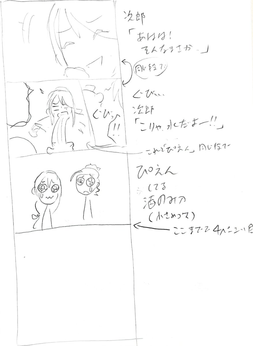個人的な制作裏話。
長めの漫画描く時、ネームの前にこんな感じで絵コンテみたいなのを描いて、どこからどこまでを何ページ目でやるか決めて、その後から尺に合わせてコマ割りを決めて下書き、みたいなやり方してます。
(このシーンはどの辺のコマに置きたいというのが決まってる場合はそれ基準で。) 