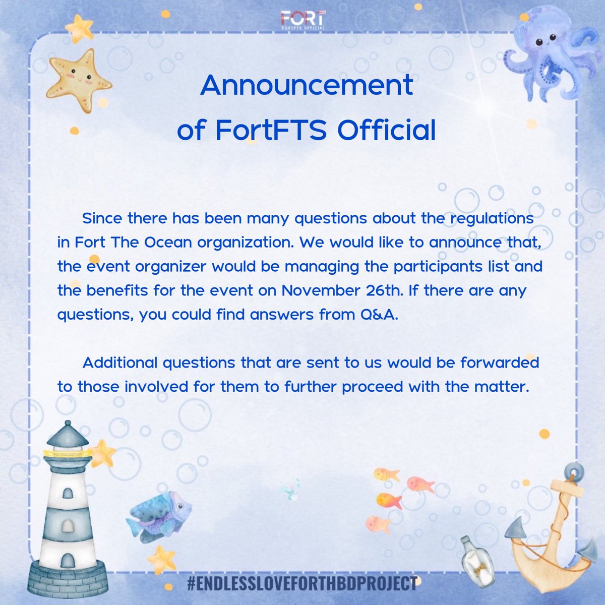 📢 ประกาศจากทีม FortFTS Official เกี่ยวกับการจัดการงาน Fort the Ocean ในวันที่ 26 พฤศจิกายน 2566 

#FortFTS #ComeFortZon #BabyFeat