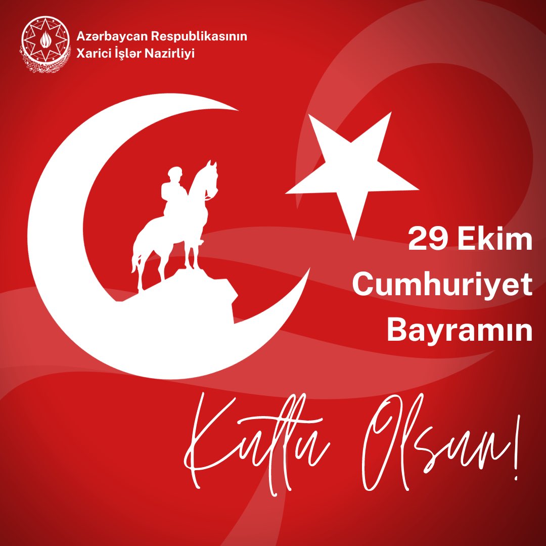 Bu gün bölgədə &amp; dünyada xüsusi rola malik qardaş Türkiyə🇹🇷 Respublikasının yaradılmasının 100-cü ildönümü qeyd olunur.

#29EkimCumhuriyetBayramı|n mübarək &amp; #TürkiyeYüzyılı çərçivəsində inkişaf &amp; yüksəlişin davamlı olsun, can #Türkiye! 

#BirMillətİkiDövlət