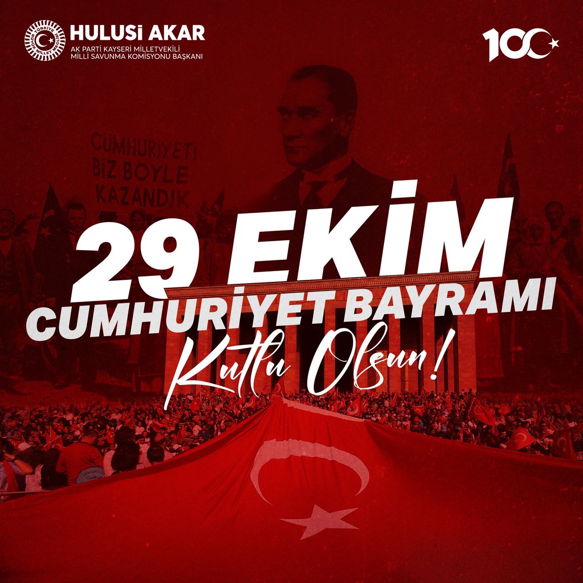 Bu memleket de bizim, 
Bu bayrak da bizim,
Sultan Alparslan’dan
Gazi Mustafa Kemal Atatürk’e kadar
Bu tarih de bizim !

Cumhuriyetimizin 100. yılında,
Türkiye Yüzyılı ülküsüyle,
Hep birlikte inançla,
Tek yumruk, tek yürek

NİCE YÜZYILLARA 🇹🇷

#100YAŞINDA