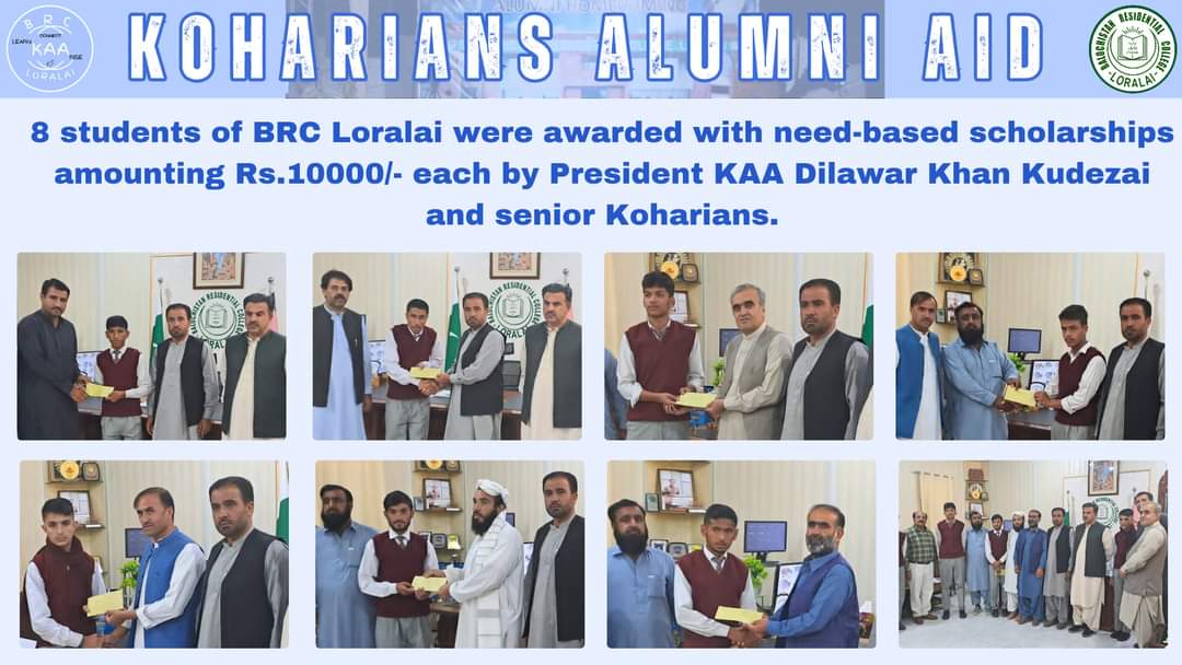 koharians's tweet photo. Need-based scholarships to 8 students

Today, President KAA Dilawar Khan Kudezai along with Cabinet Members and seniors Koharians visited BRC Loralai and awarded 8 students with need-based scholarships amounting Rs.10,000/- as per announcement in Alumni Homecoming 2. https://t.co/seSH53TXFQ