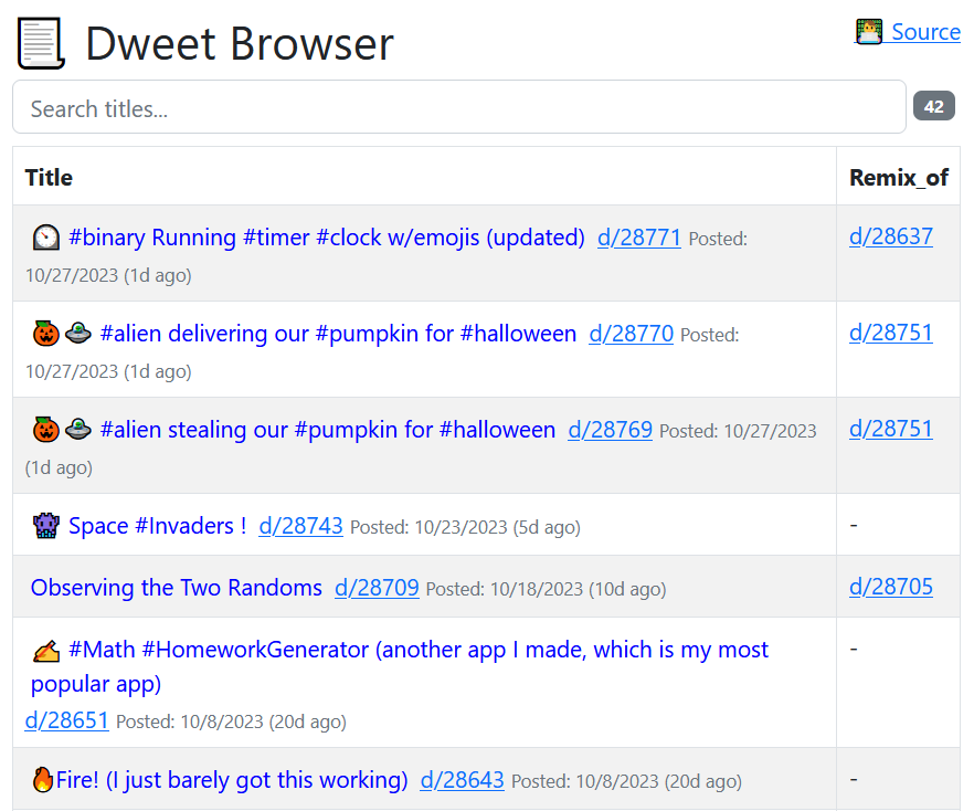 lewdev's tweet image. Dweets become a great reference to experiments so I built a browser. It&apos;s hard to find the code I&apos;m looking for on Dwitter since it renders every dweet. I hope dwitter doesn&apos;t mind me using their API.

Future feature: set your own username

 #dwitter #tinycode