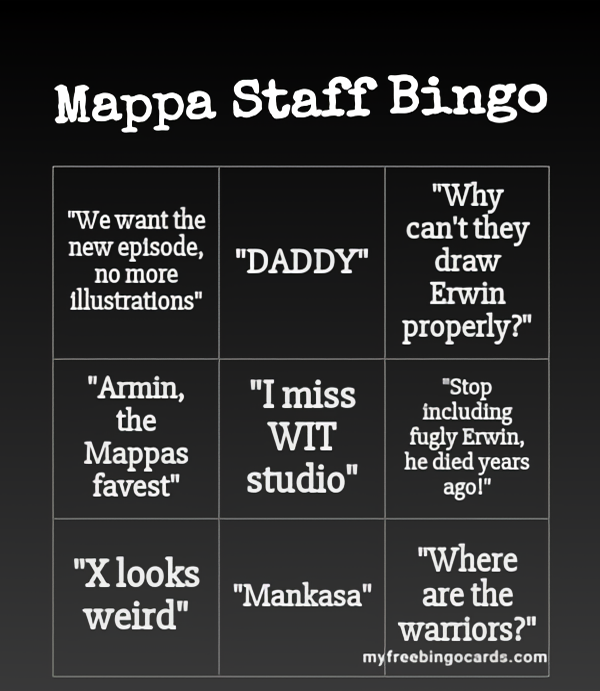 binsumisu's tweet photo. MAPPA STAFF PLAYING BINGO WITH THE COMMENTS THEY RECEIVED BY THE FUCKING FANS
EVERYTIME THEY RELEASE NEW MERCH. https://t.co/vlTQJCzAui