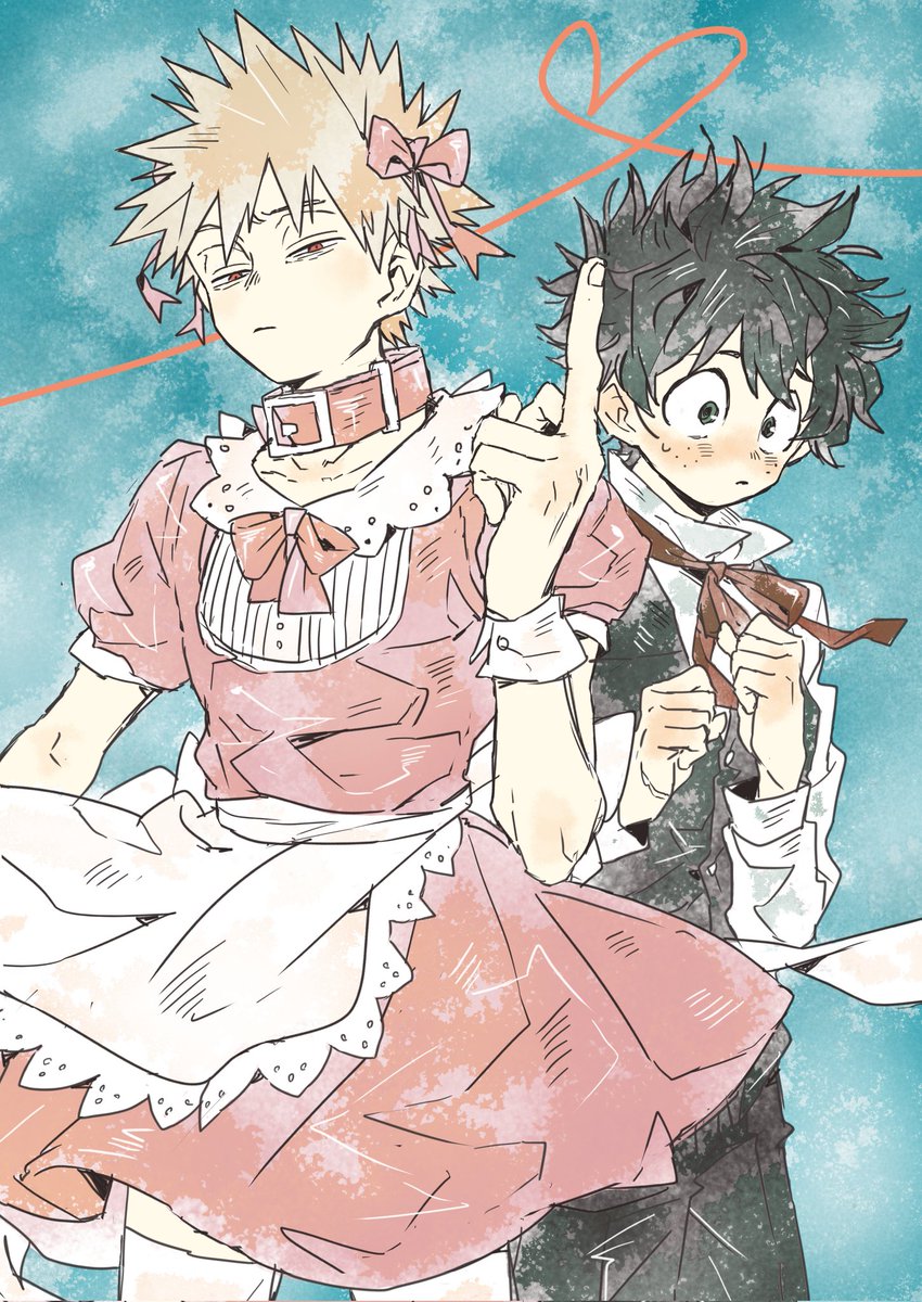 bakugou katsuki ,midoriya izuku multiple boys 2boys freckles pink dress male focus dress crossdressing  illustration images