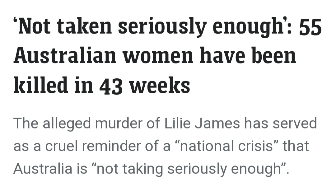 55 women murdered in 43 weeks. All but 4 had a prior connection to their killer. Men killing women bc they want to leave a relationship. Australia has a #ToxicMasculinity crisis: #sexism #misogyny entitlement violence. So many guys reply demanding a source. Google it, mate! 😠