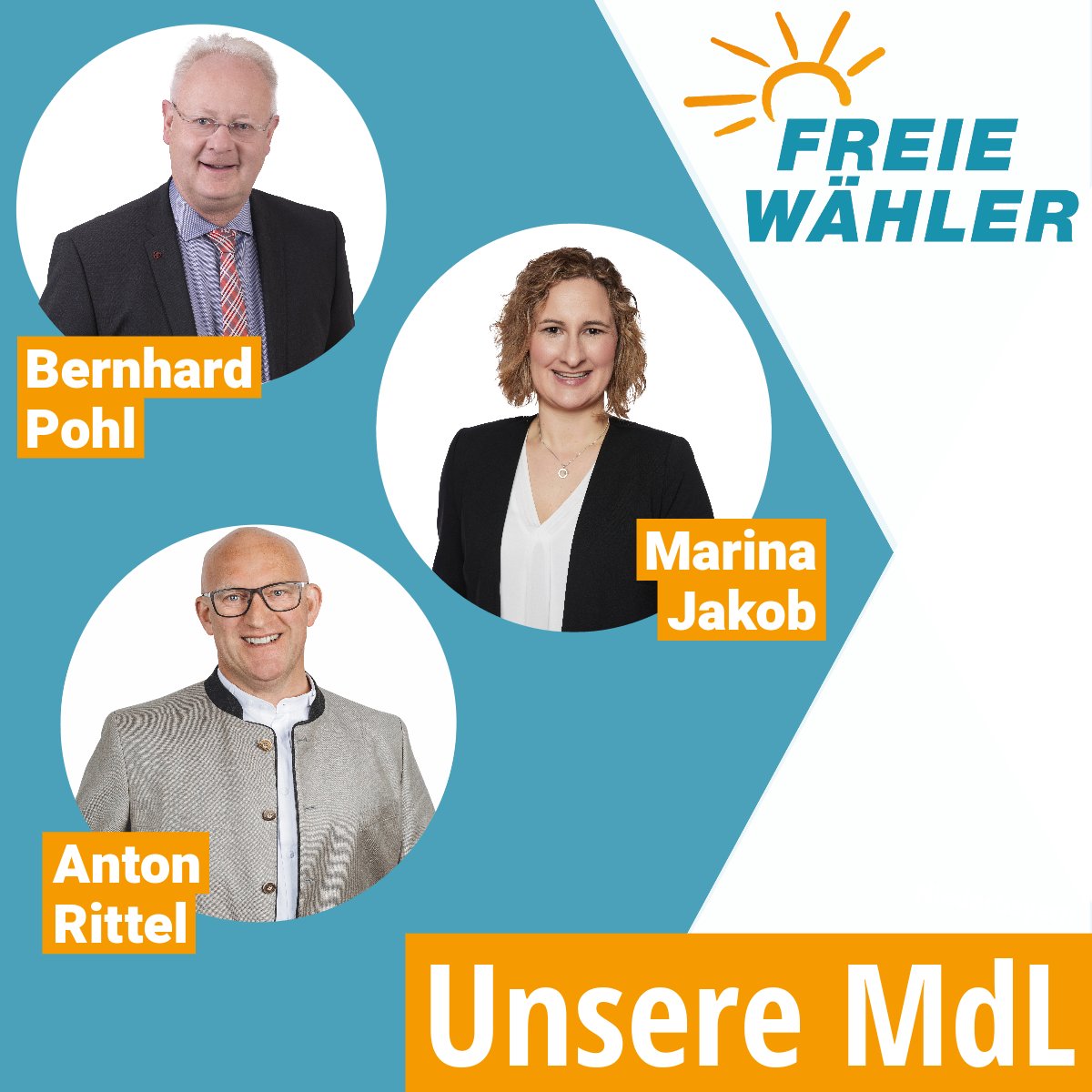 fw_bayern's tweet photo. Unsere künftige #FREIEWÄHLER Landtags-Fraktion setzt sich aus 37 Abgeordneten zusammen! 🤩
Dies sind unsere MdL aus #Schwaben: 
🧡 Alexander Hold, Dr. Fabian Mehring, Ulrike Müller, Bernhard Pohl, Marina Jakob, Anton Rittel
💪 #AnpackenFürBayern #Fraktion #Politik https://t.co/Dpfskm2WcM