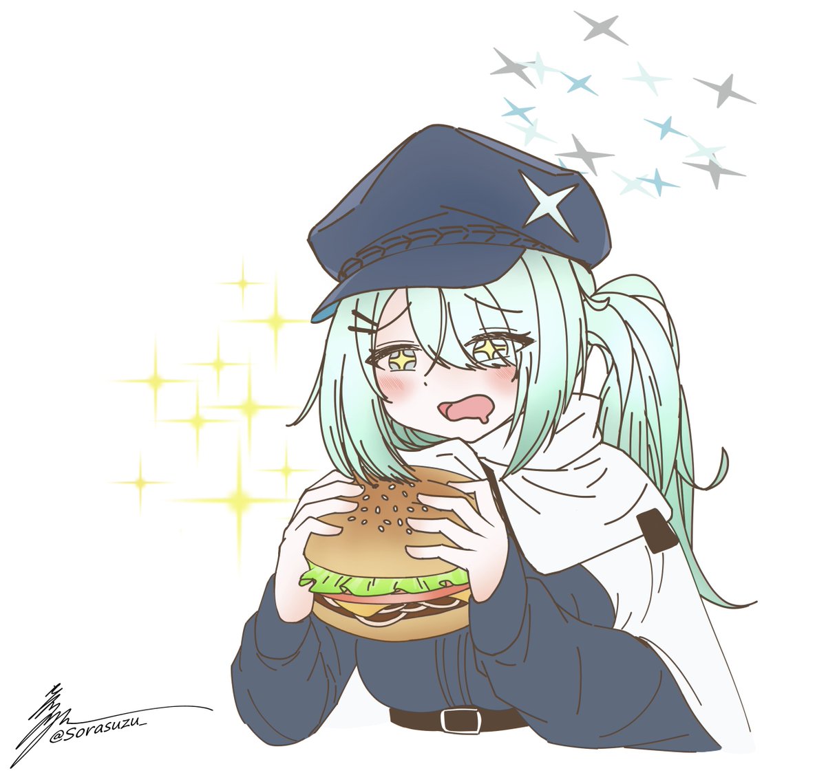 ブルアカ「ハンバーガー食べてるヒヨリがあまりにも可愛かったので描きました...いっぱい食べ」|そらすず@skeb募集中！のイラスト