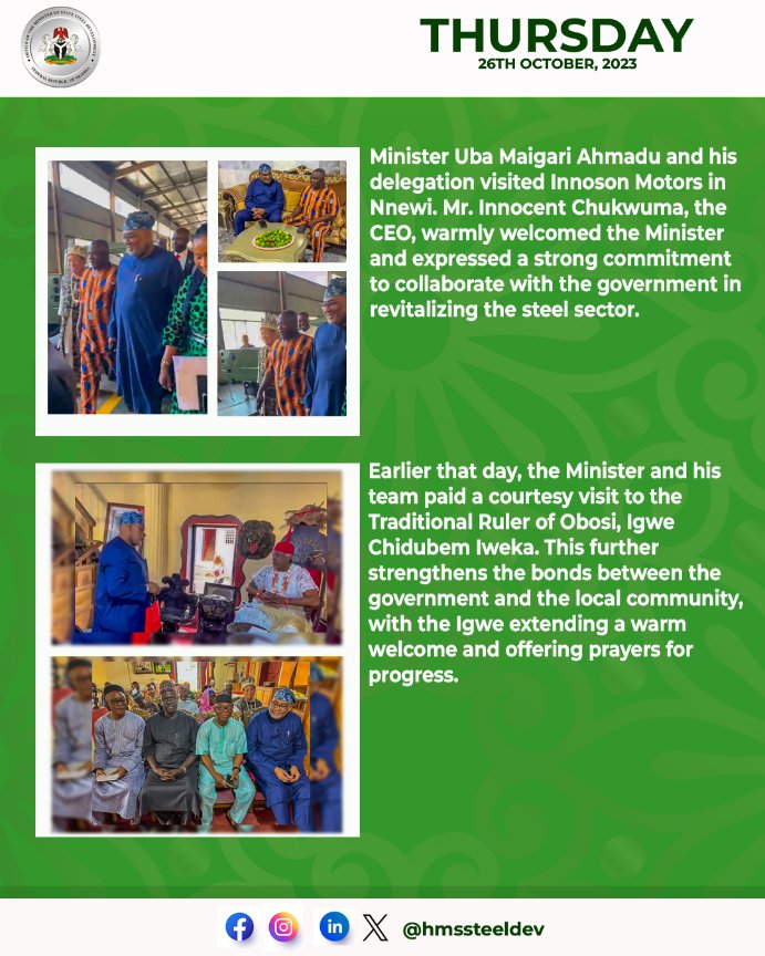 HMSRegionalDev's tweet image. Honorable Minister of State Steel Development, H.E. Uba Maigari, in action throughout the week!

📸📷Catch all the highlights in the picture.

#SteelDevelopment #Highlights #ProgressWithMaigari #RenewedHope2023