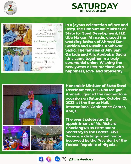 HMSRegionalDev's tweet image. Honorable Minister of State Steel Development, H.E. Uba Maigari, in action throughout the week!

📸📷Catch all the highlights in the picture.

#SteelDevelopment #Highlights #ProgressWithMaigari #RenewedHope2023