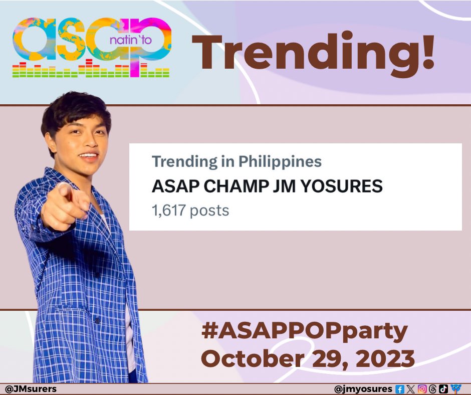 JMsurers's tweet photo. Thanks to everyone who joined our TP. Please enjoy the rest of your long weekend. Stay safe and vote wisely.
Thank you, @ASAPOfficial!
ASAP CHAMP JM YOSURES
#JMYosuresOnASAP | @jmyosures
#ASAPPOPparty https://t.co/15pS5FrAGq