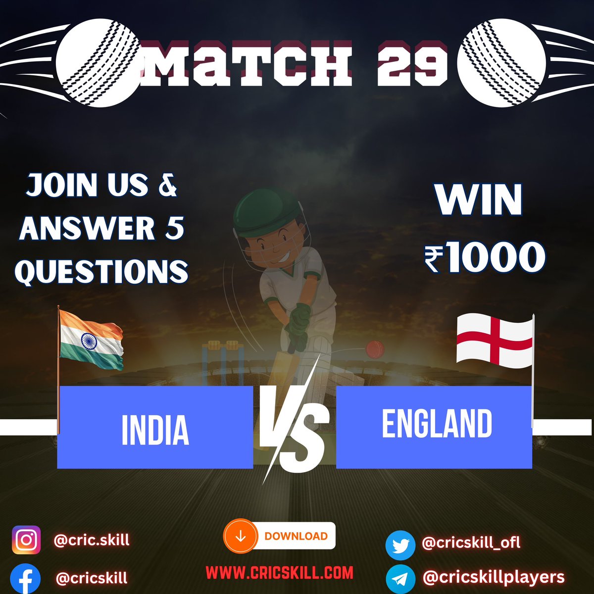Cricskill_Ofl's tweet photo. Join Us & Answer 5 Questions to win ₹1000
Download App - https://t.co/plglCFI1em
#CricketQuiz
#CricketBrain
#CricketFans
#CricketRewards
#CricketExpert
#CricketGenius
#CricketNews
#CricketUpdates
#tourney11
#cricskill
#rohitsharma
#kohli
#viratkohli
#bhumrah https://t.co/Lxtts2jRYy
