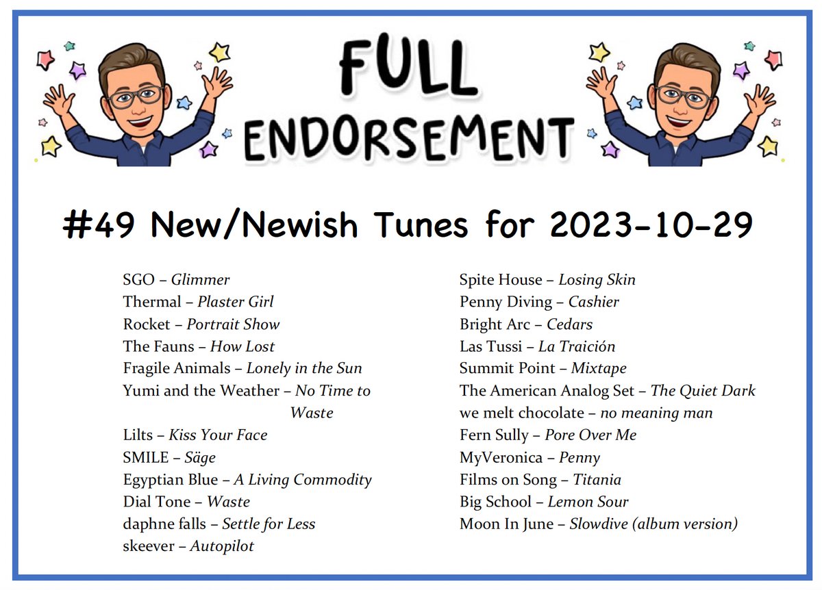 Yet another Full Endorsement: 2023-10-29
24 new to newish shoegaze/dreamgaze/indie tunes to explore

BNDCMPR: bndcmpr.co/0ddf4d5e
Spotify: open.spotify.com/playlist/2IbS9…
