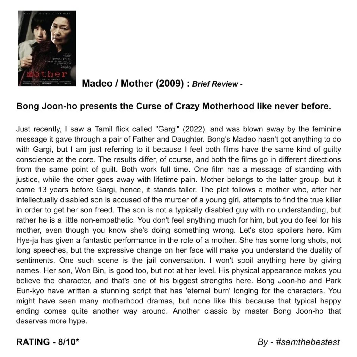SAMTHEBESTEST_'s tweet photo. Watched #Madeo / #Mother (2009) :
Bong Joon-ho presents the Curse of Crazy Motherhood like never before.
RATING - 8/10*
#BongJoonho #KimHyeja #WonBin #JinGoo #YoonJemoon #JeonMiseon #SongSaebyeok #moviereview #filmreview #koreanmovie #koreanfilm #koreancinema #review https://t.co/PaOy9xZaDj