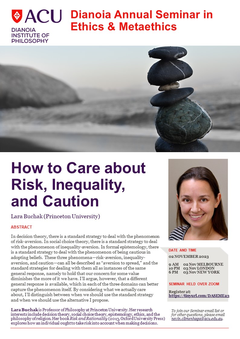 On Thursday Nov 2 9:00 am AEDT (Wed Nov 1 6:00 pm EDT), <a href="/LaraBuchak/">Lara Buchak</a> will present the third and final Dianoia Annual Seminar in Ethics &amp; Metaethics: "How to Care about Risk, Inequality, and Caution".

Register for the Zoom link here: tinyurl.com/DASEME23