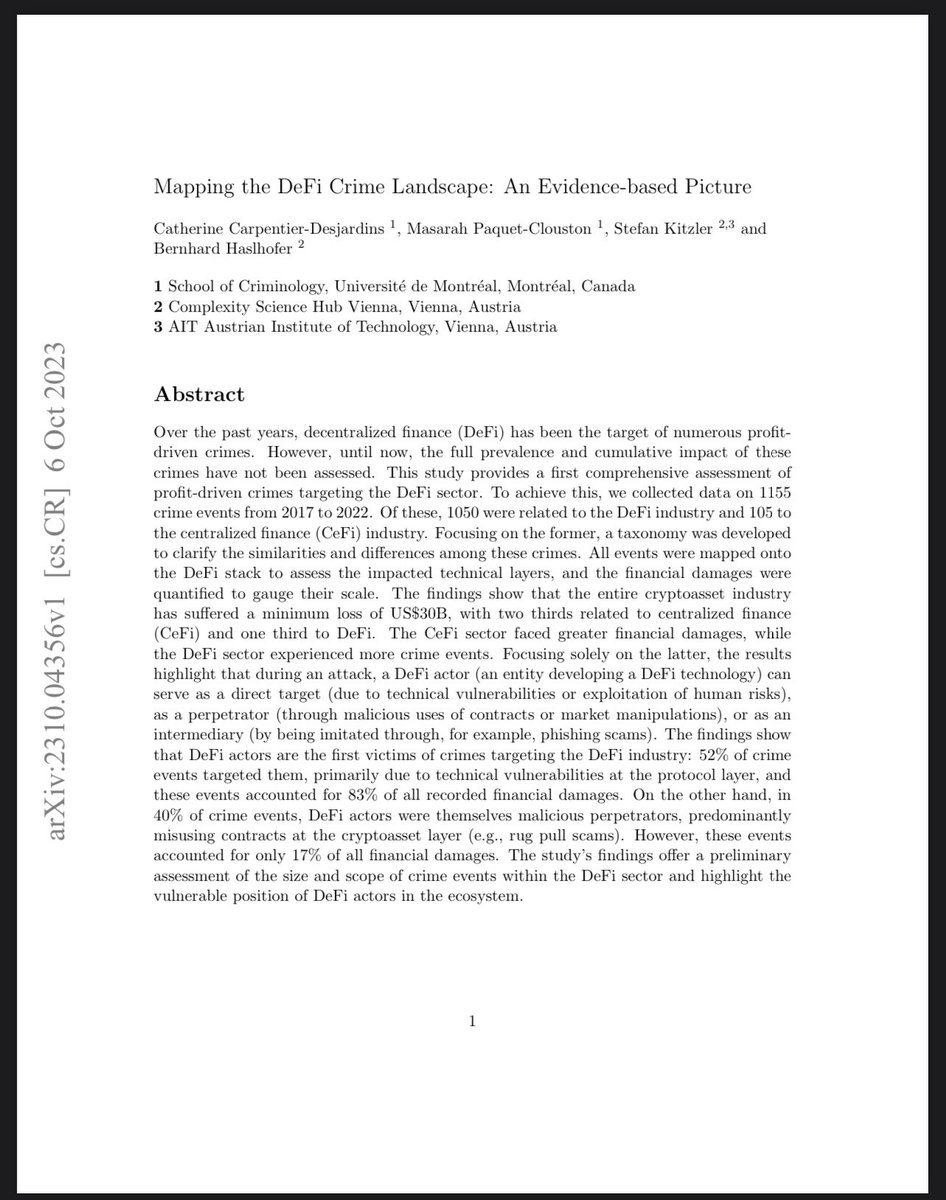 SteuermannFFM's tweet image. Studie:

◻️Mapping the DeFi Crime Landscape: An Evidence-based Picture◻️

"This study provides a first comprehensive assessment of profit-driven crimes targeting the DeFi sector. To achieve this, we collected data on 1155 crime events from 2017 to 2022."

arxiv.org/abs/2310.04356