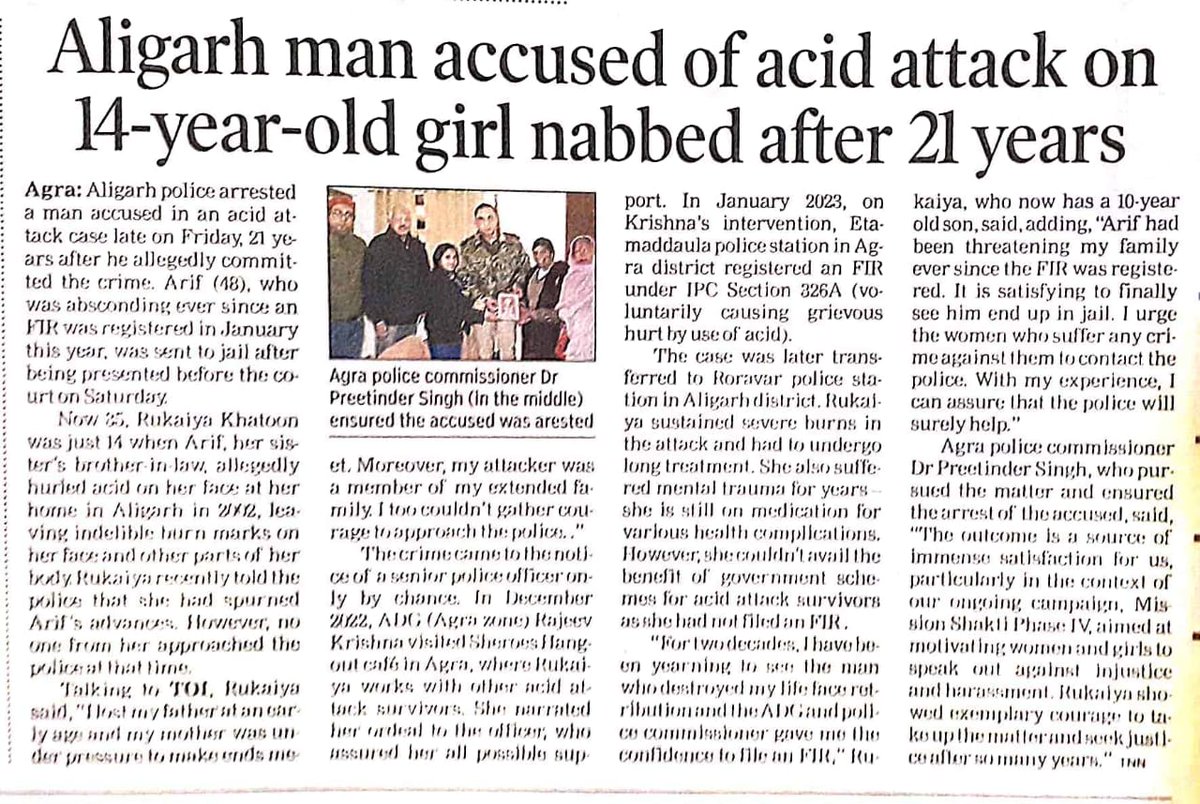 Shot in the arm for #MissionShakti4 as accused of acid attack on minor arrest after 21 yrs. ADG <a href="/Rajeevkrishna69/">Rajeev Krishna IPS, DGP UP</a> helped the survivor to register an FIR after 2 decades. CP <a href="/agrapolice/">POLICE COMMISSIONERATE AGRA</a> pursued the matter with <a href="/aligarhpolice/">ALIGARH POLICE</a> &amp; ensured arrest of the accused who is now in jail. (1/2)