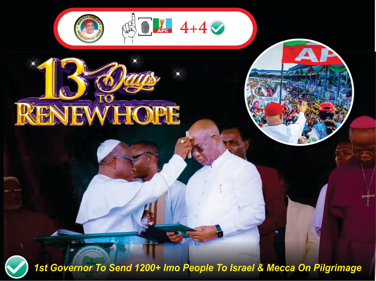 MbaAdol's tweet photo. As we count down to *13 days to RENEW HOPE*
We will *#ReElectHope* For sending 1200+ Imolites to Israel & Mecca On Pilgrimage ✅
4+4✅
#voteAPC✅ https://t.co/NtlfcZxWZH