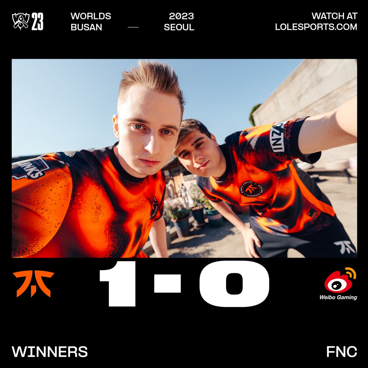 #FNCWIN 

<a href="/FNATIC/">FNATIC</a> win game 1 against <a href="/WeiboGamingLoL/">Weibo Gaming</a>! #Worlds2023