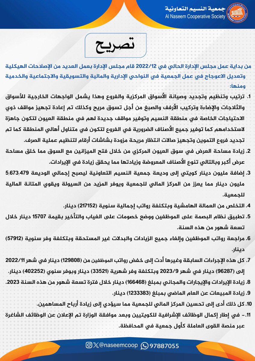 naseemcoop's tweet photo. تصريح حول إنجازات مجلس الإدارة وأهم ما قام به من أعمال خلال السنة الحالية

#جمعية_النسيم 
@mosa1_kw https://t.co/b8Gkf2eqBz