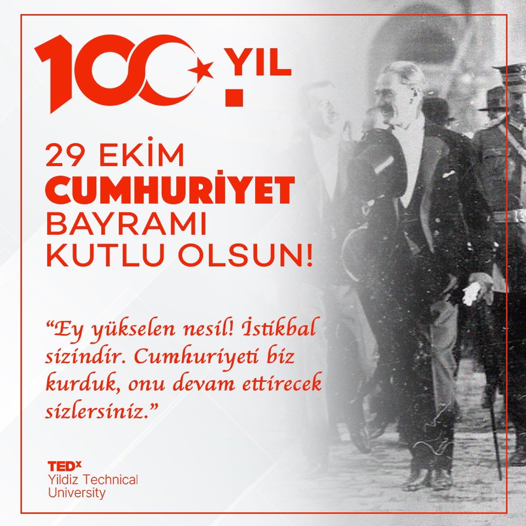 Cumhuriyetimizin 100. yılında bize cumhuriyetimizi armağan eden Ulu Önder Mustafa Kemal Atatürk ve silah arkadaşlarını saygı ve minnetle anıyoruz. 29 Ekim Cumhuriyet Bayramımız kutlu olsun!❌❤️🤍