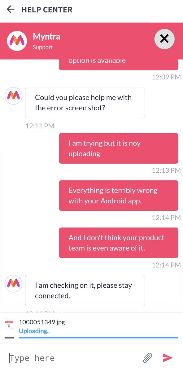 apurvmi's tweet photo. @myntra are you aware of all the issues with your Android app? I couldn't make the payment 2 months ago with this error, and even today I can't, even after reinstalling the app. I can't even upload error screenshot to share it with your support team. Someone should check all this https://t.co/5rdRPfDFJH