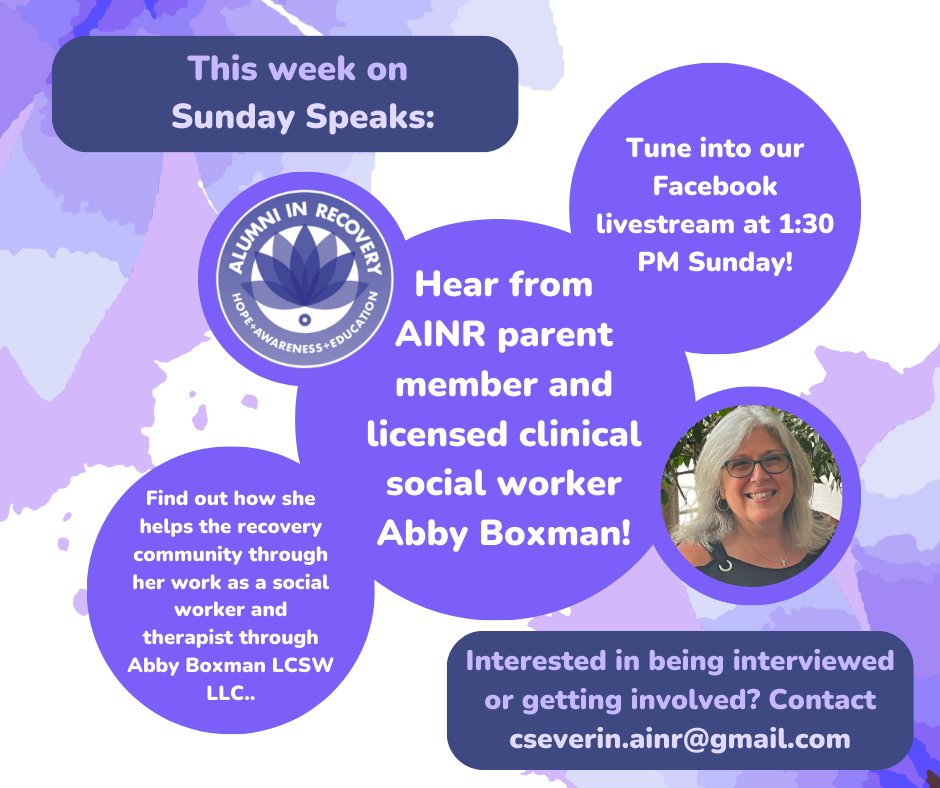 ainrnj's tweet photo. Tune into our Sunday Speaks livestream at 1:30 PM today to find out how AINR parent member and licensed clinical social worker Abby Boxman, helps the recovery community through her work as a social worker and therapist through Abby Boxman LCSW LLC. as we experience https://t.co/gyNxcugNQ9