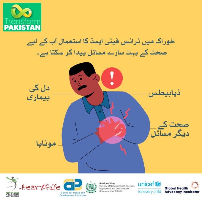 Did you know that limiting trans-fats to less than 2% in our foods can save lives? Support the cause for a healthier Pakistan by demanding policies to reduce trans-fats and combat heart diseases, strokes, and diabetes. #TRANSFatsFreePakistan