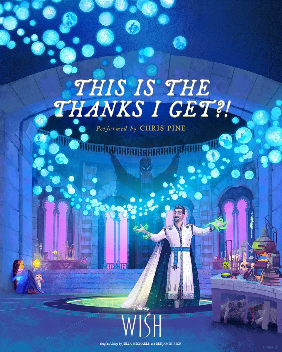 DisneyBE's tweet photo. "This Is The Thanks I Get?!" gezongen door Chris Pine. 👑🪞
Zie Disney's #Wish vanaf 22 november in de bioscoop. 

🎨: @bellagraceart https://t.co/FcFIB6pouu