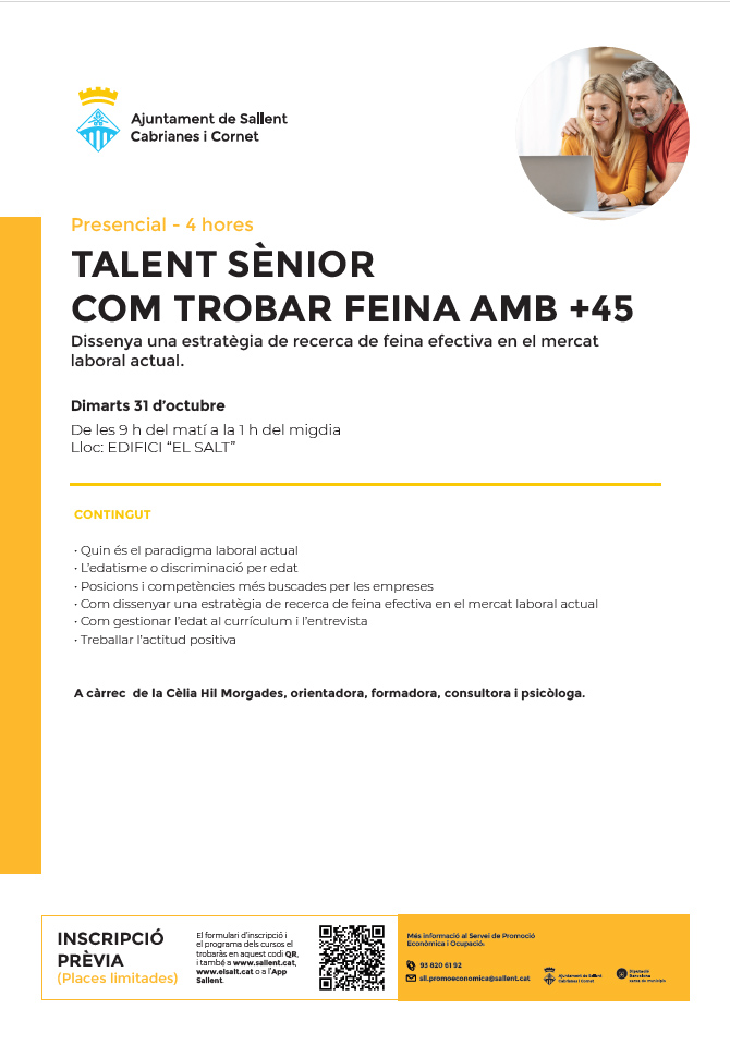 Si tens +45 i busques #treball, et proposo aquest taller que faré per l'#AjuntamentDeSallent '#TalentSènior - Com trobar #feina amb +45' 🗓 31 octubre ⏰De 9h a 13h 📍 Edifici #ElSalt - #Sallent - #Bages #Ocupació #Treball #OrientacióLaboral #Formació #Edatisme #RH #CèliaHil