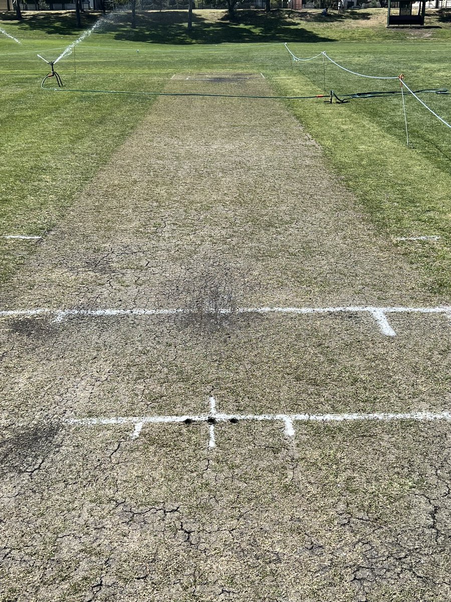 charlesdavis75's tweet photo. The wicket immediately being watered post the game today. That wicket does offer something for the leg spinners in the bottoms left hand corner outside of the crease #wefo https://t.co/dYeNK0BoNM
