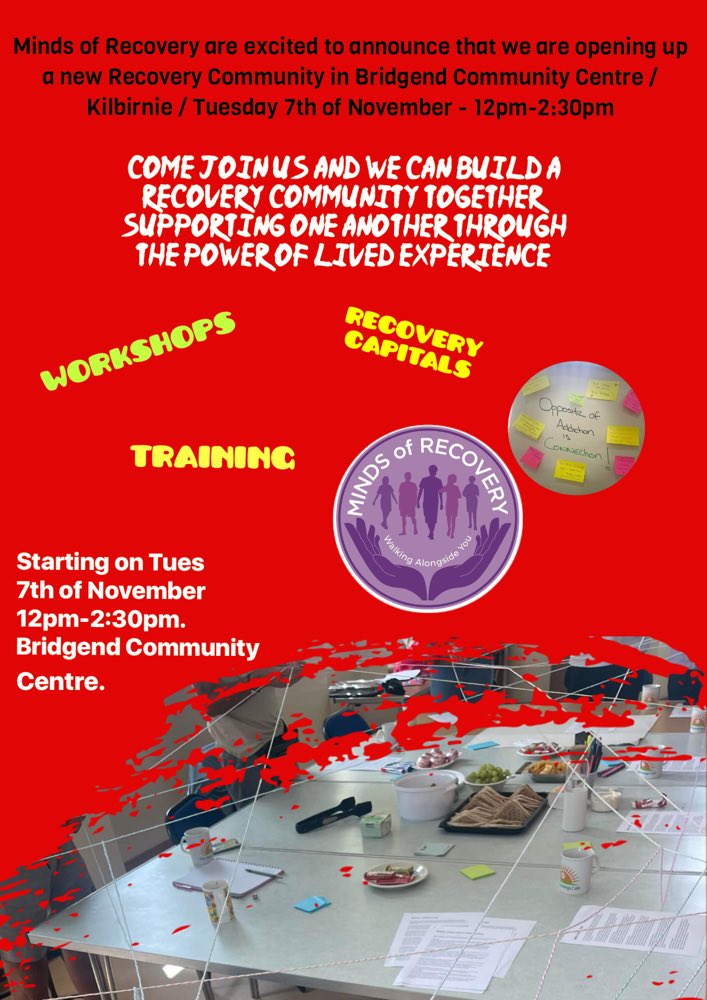 @MINDS333 are excited to announce we are opening a new Recovery group in Bridgend Community Centre on the 7th of Nov. Connecting Communities in Recovery 💜🖇️. @NorthAADP @Anthea_Dickson @CafeSolace @HarbourAyrshire @NAyrshirePEAR