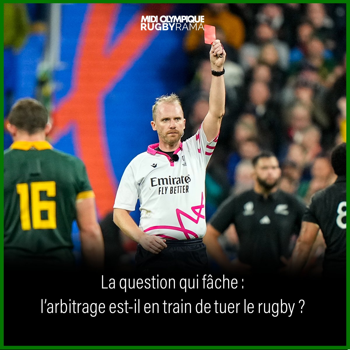 RugbyramaFR's tweet photo. La finale de la Coupe du monde  a été marquée par de nombreux faits d’arbitrage. Ce fut une constante de cette Coupe du monde : à vouloir lisser notre sport et ses aspirations au combat, est-on en train de tuer le rugby ?

L'article complet ici > https://t.co/r84yP6gFqS https://t.co/B6SyU9xOdk