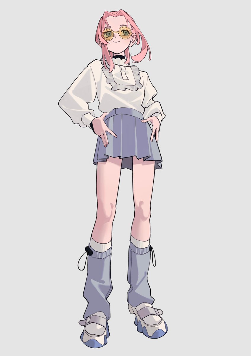 1girl solo skirt pink hair full body socks simple background  illustration images