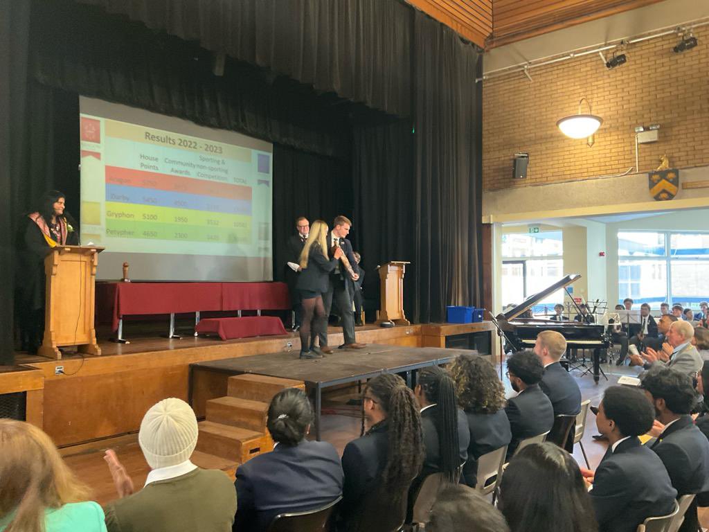 HousesQmgs's tweet photo. The overall winners for 2022-2023 were Darby House. Grace and Alex received the trophy on behalf of all Darby house members. It was a very close competition between all 4 houses throughout the year. Who will it be next year?? Competitions are well on the way for this year. https://t.co/EhyJ8GuQa9
