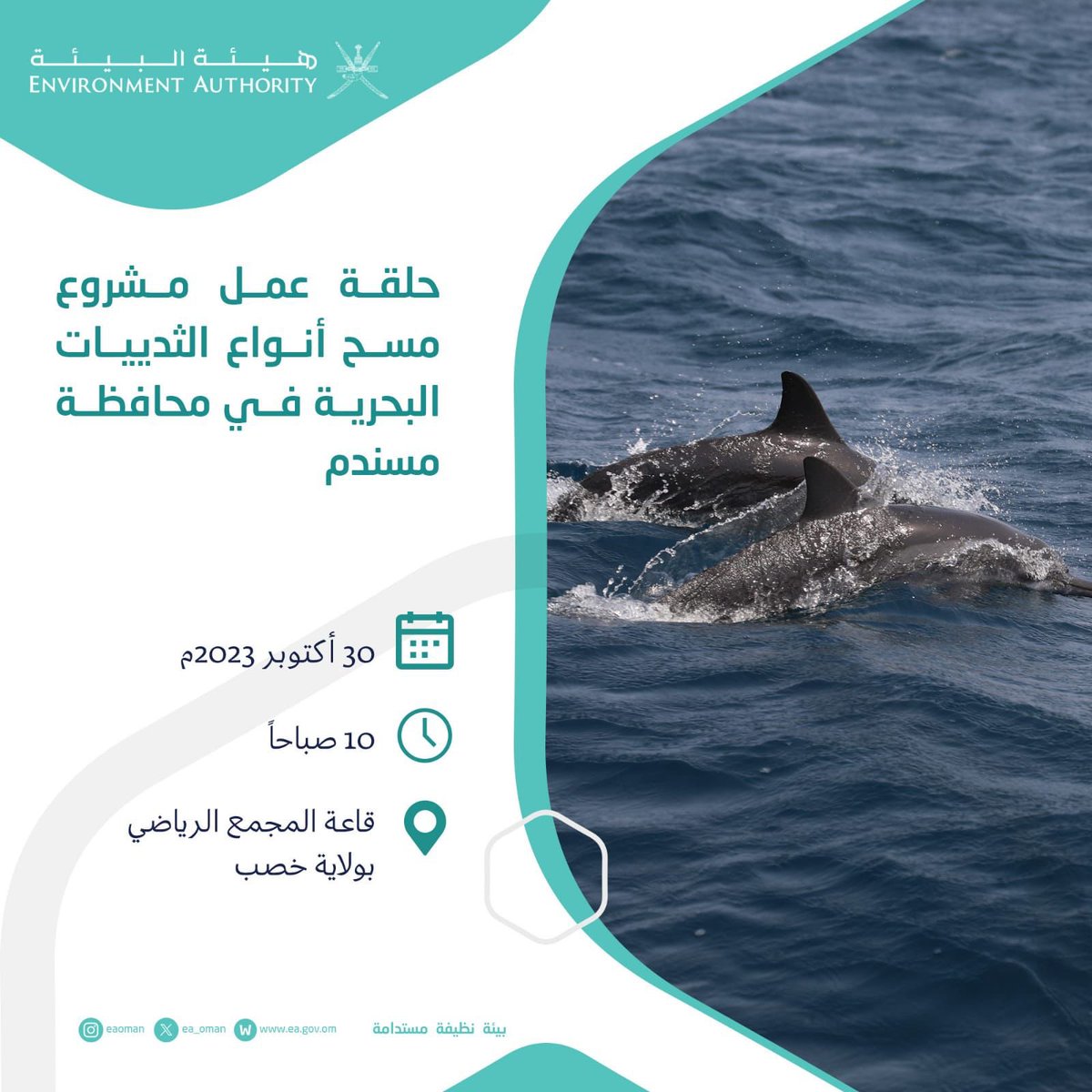 s5_msd's tweet photo. دعوة لحضور حلقة عمل مشروع مسح أنواع الثدييات البحرية في محافظة مسندم
،
غداً الاثنين تاريخ ٣٠ / ١٠ / ٢٠٢٣م
في الساعة ١٠ صباحاً 
بـ قاعة المجمع الرياضي بولاية خصب
.
#شموخ_مسندم https://t.co/SQUQZso23T