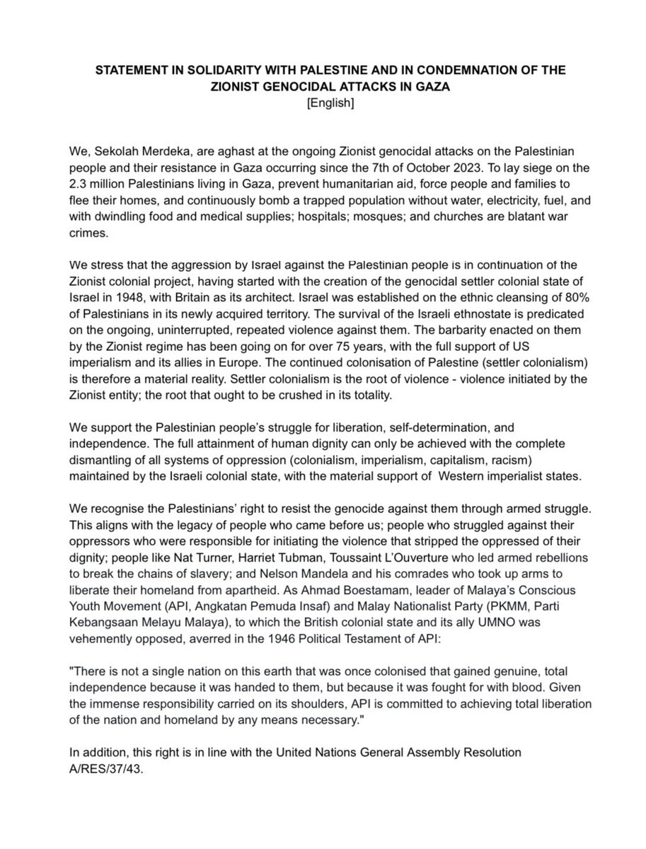 FadiahNadwa's tweet photo. STATEMENT IN SOLIDARITY WITH PALESTINE AND IN CONDEMNATION OF THE ZIONIST GENOCIDAL ATTACKS IN GAZA

Here’s the statement with an updated list of signatories. 

Thanks for taking a principled stance &amp; making your voices heard.

From the river to the sea, Palestine will be free 🇵🇸 https://t.co/VKEoY7ofGd