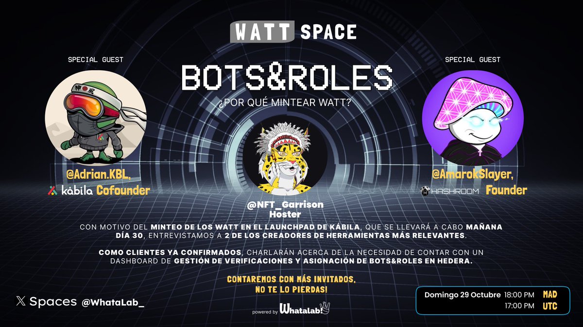 WhataLab_'s tweet image. GM!🏕️

Hoy por la tarde inauguramos los #WaTTspace 🎙️🤖

Contaremos con @AdrianKBL  y @AmarokSlayer  como invitados especiales💎

Pero no serán los únicos!! 🧪Tendremos más invitados para hablar sobre el mminteo de #WaTT mañana en el launchpad de @KabilaES 🚀

#HBAR #HBARNFTs