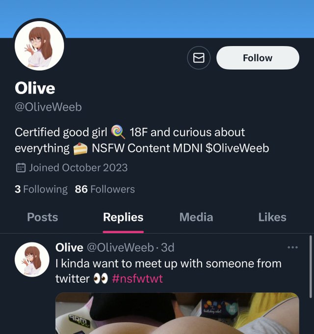 Can can y&rsquo;all please report this account @Oliveweeb for using my photos to catfish people? They&rsquo;re using<a class="tags" target="_blank" title="On Twitter" href="/?out=eyJ0eXAiOiJKV1QiLCJhbGciOiJIUzUxMiJ9.eyJpYXQiOjE3MjA5MTA2NjUsImlzcyI6InR3cG9ybnN0YXJzLmNvbSIsIm5iZiI6MTcyMDkxMDY2NSwiZXhwIjoxNzUyNDQ2NjY1LCJyZWRpcmVjdF91cmwiOiJodHRwczovL3R3aXR0ZXIuY29tL09saXZld2VlYiJ9.XVzT5WOK_XU22FZvXfclFv24xAN3hESMsHhYJTPknzewN1zQov2rKjyhzTU_BG9v-4oWlZNrj01zfunnMdtA1Q">@Oliveweeb</a>