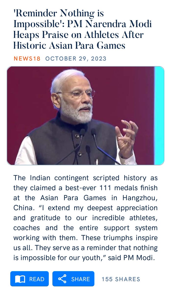 Jasrotia84's tweet photo. 'Reminder Nothing is Impossible': PM Narendra Modi Heaps Praise on Athletes After Historic Asian Para Games
https://t.co/hxx5oKJAFC

via NaMo App https://t.co/Luc2u1Ec2b