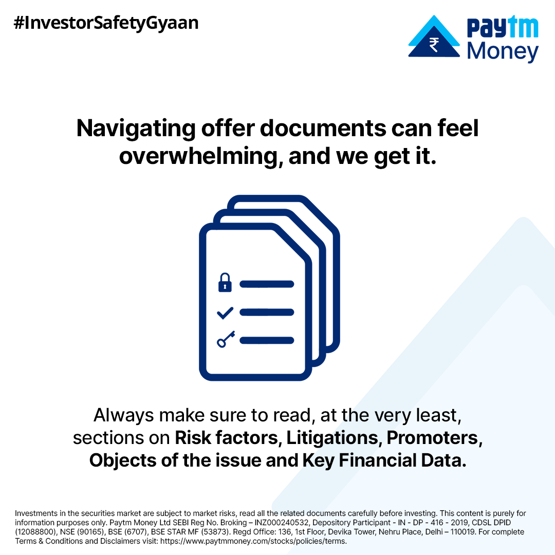 PaytmMoney's tweet photo. Offer documents can be a maze, but here's your guiding light: always read sections on Risk, Litigations, Promoters, Objectives, and Financials.
Your investment safety starts with knowledge.
#InvestorSafetyGyaan #OfferDocument #Knowledge #PaytmMoney https://t.co/MZBAmo3F0m